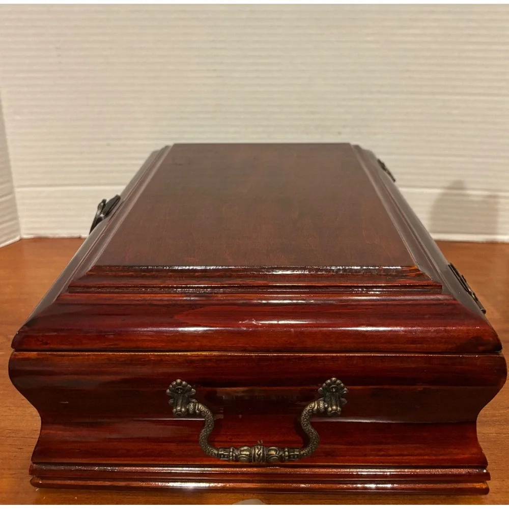 Vintage Wooden Keepsake Jewelry Box Cherry Finish Velvet Lined Brass Latch 11.5